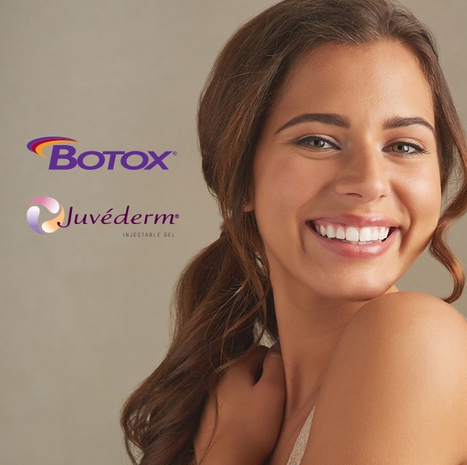 Woman smiling next to botox and Juvederm logos