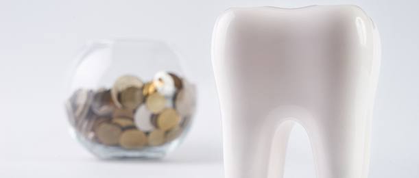 Model tooth standing in front of a large bowl of change